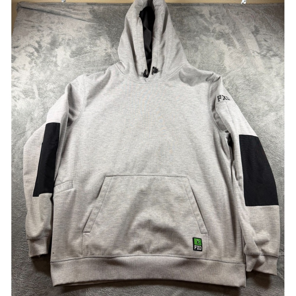 FXD Hoodie Mens XL Gray Pullover Workwear Sweatshirt Black Elbow Patches